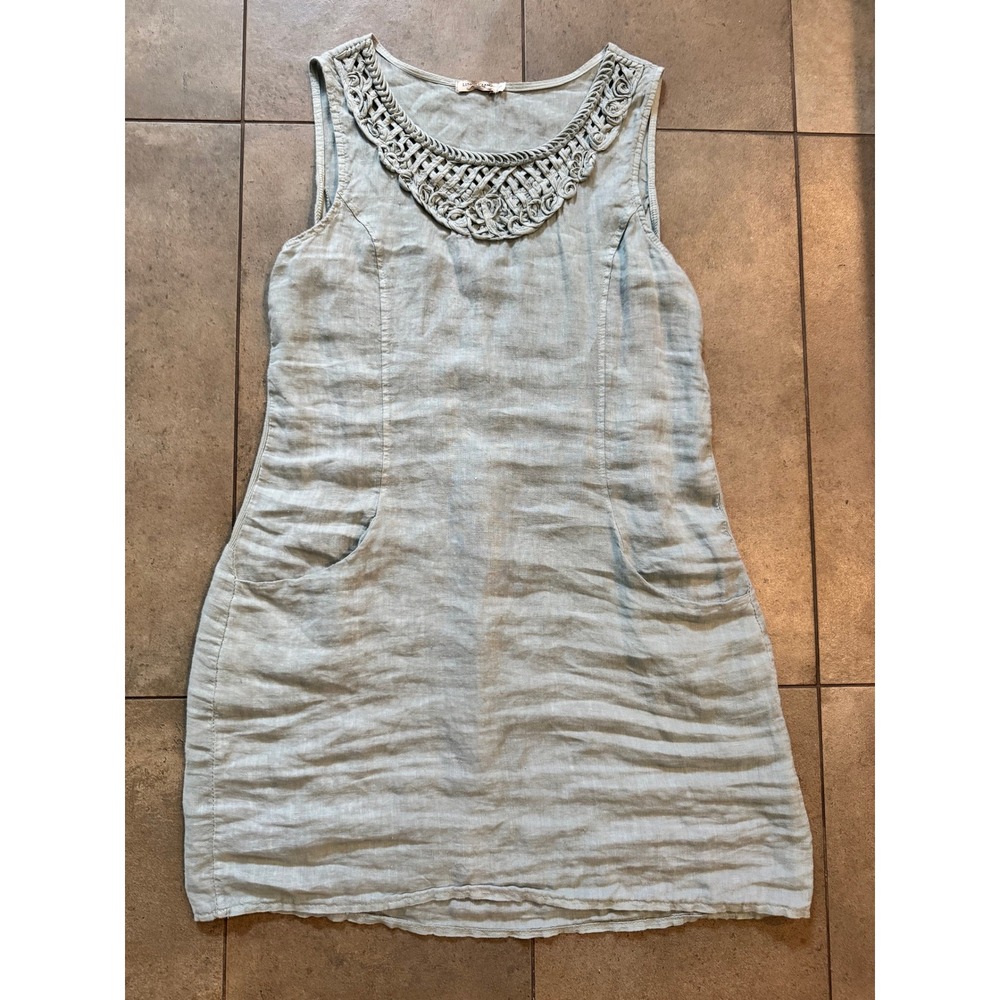 Lungo L'Arno Italy 100% Linen Dress L Sage Green Macrame Crochet Neck Pockets